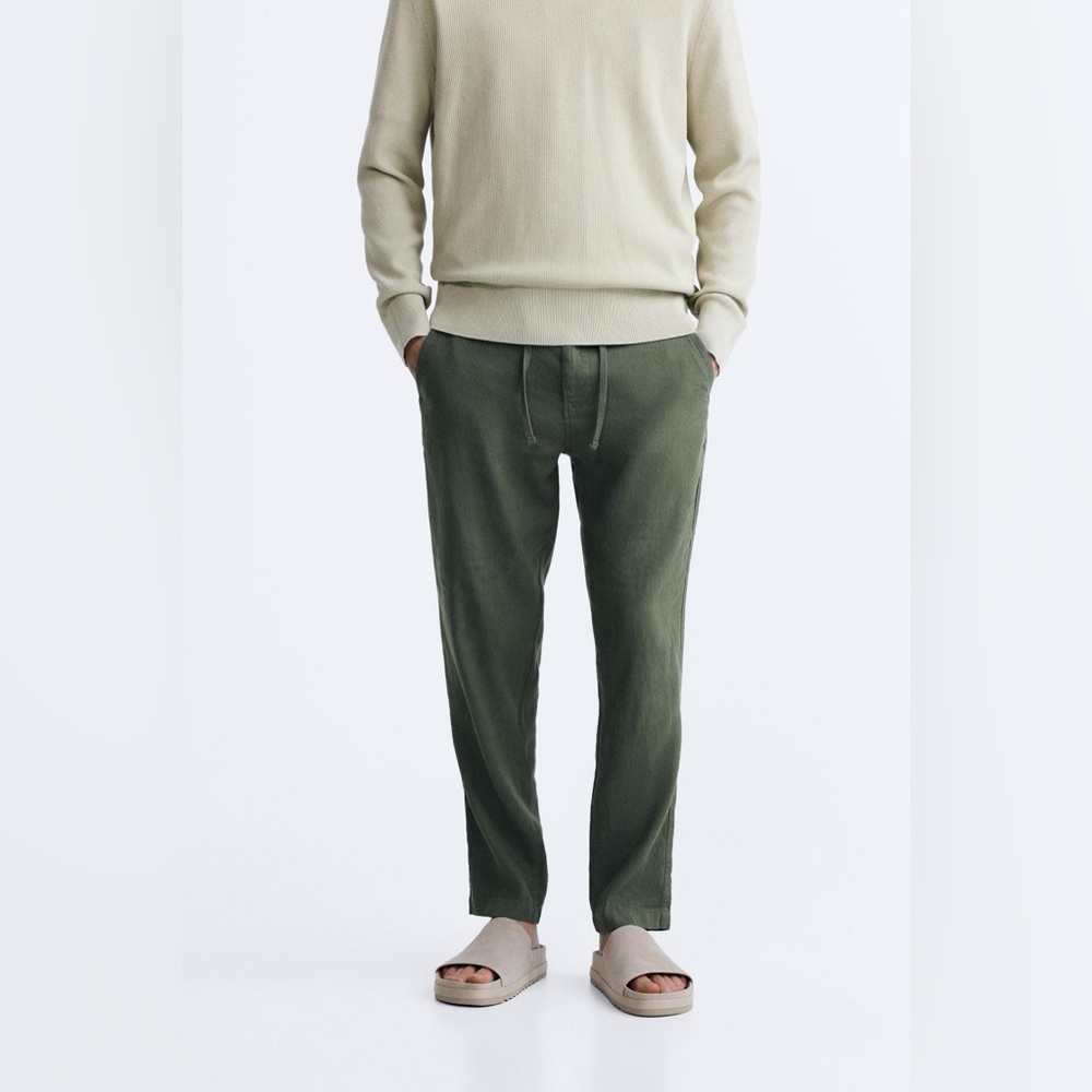 Zara Relaxed Fit Cotton Linen Pants Light Green